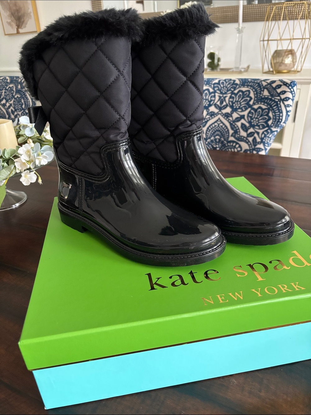 kate spade Black Quilted Patent Rain Boots with Faux Fur Trim